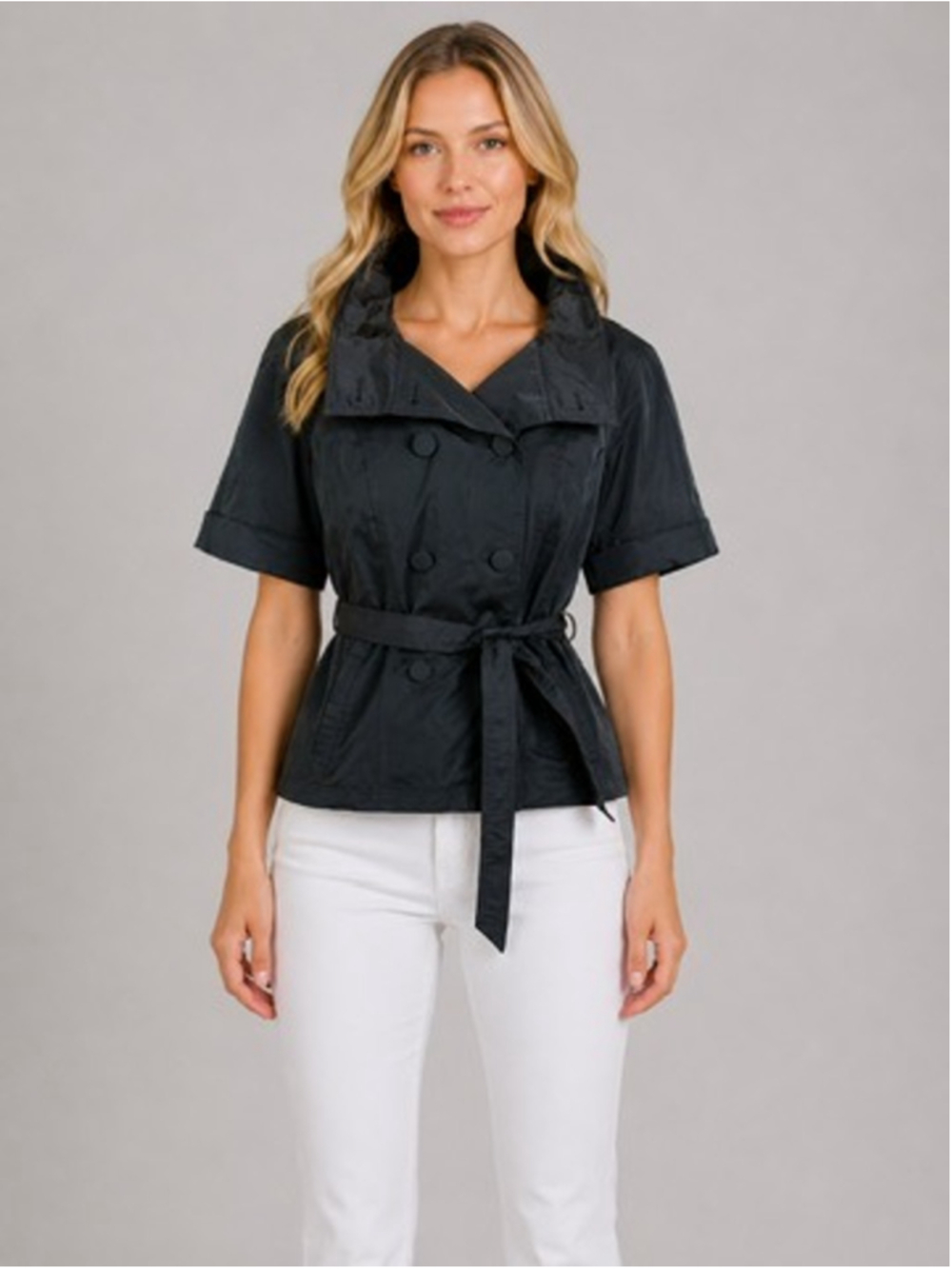Lafayette 148 New York Belted Trench Coat Black Short Sleeve Double Breast Sz 8